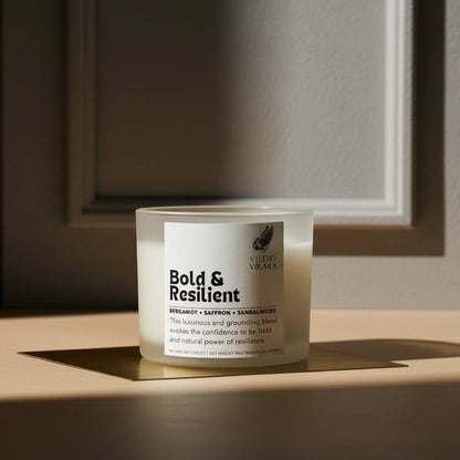 Candle with a label on a beige background