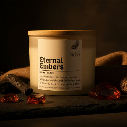 Candle with 'Eternal Embers' label on a white background