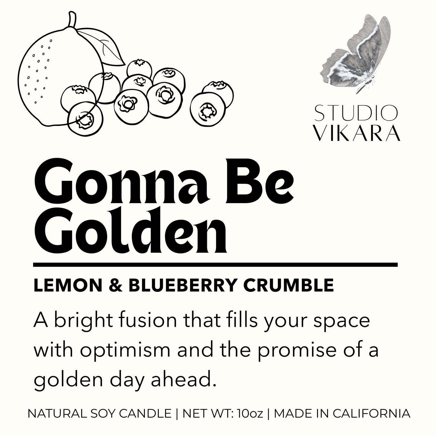 Label for 'Gonna Be Golden' lemon & blueberry crumble candle by Studio Vikara with illustrations of fruits and a butterfly.