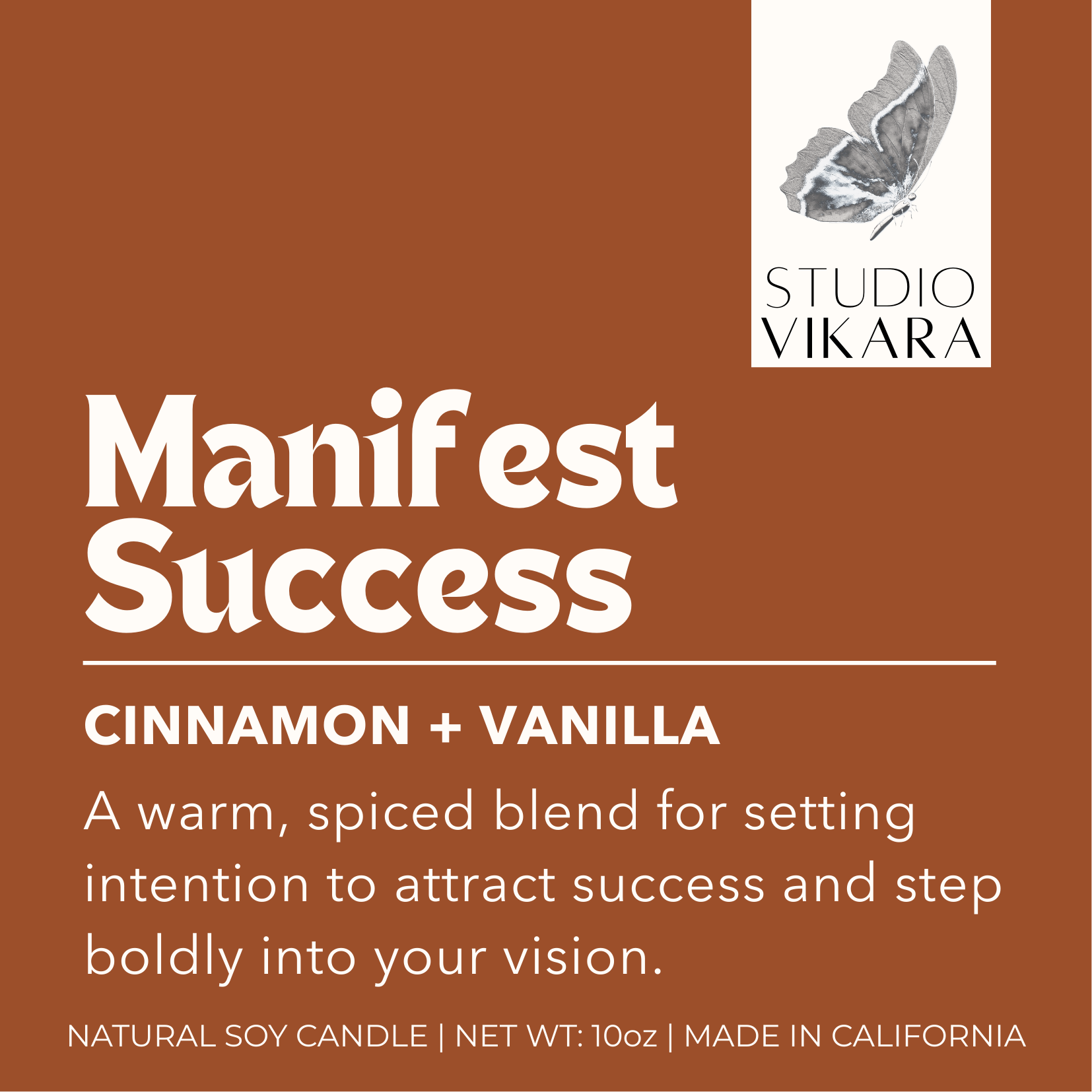 Manifest Success 10oz jar scented candle. Cinnamon and vanilla scents.