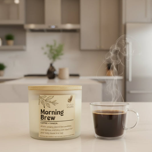Candle labeled 'Morning Brew' by Studio Vikara on a white background