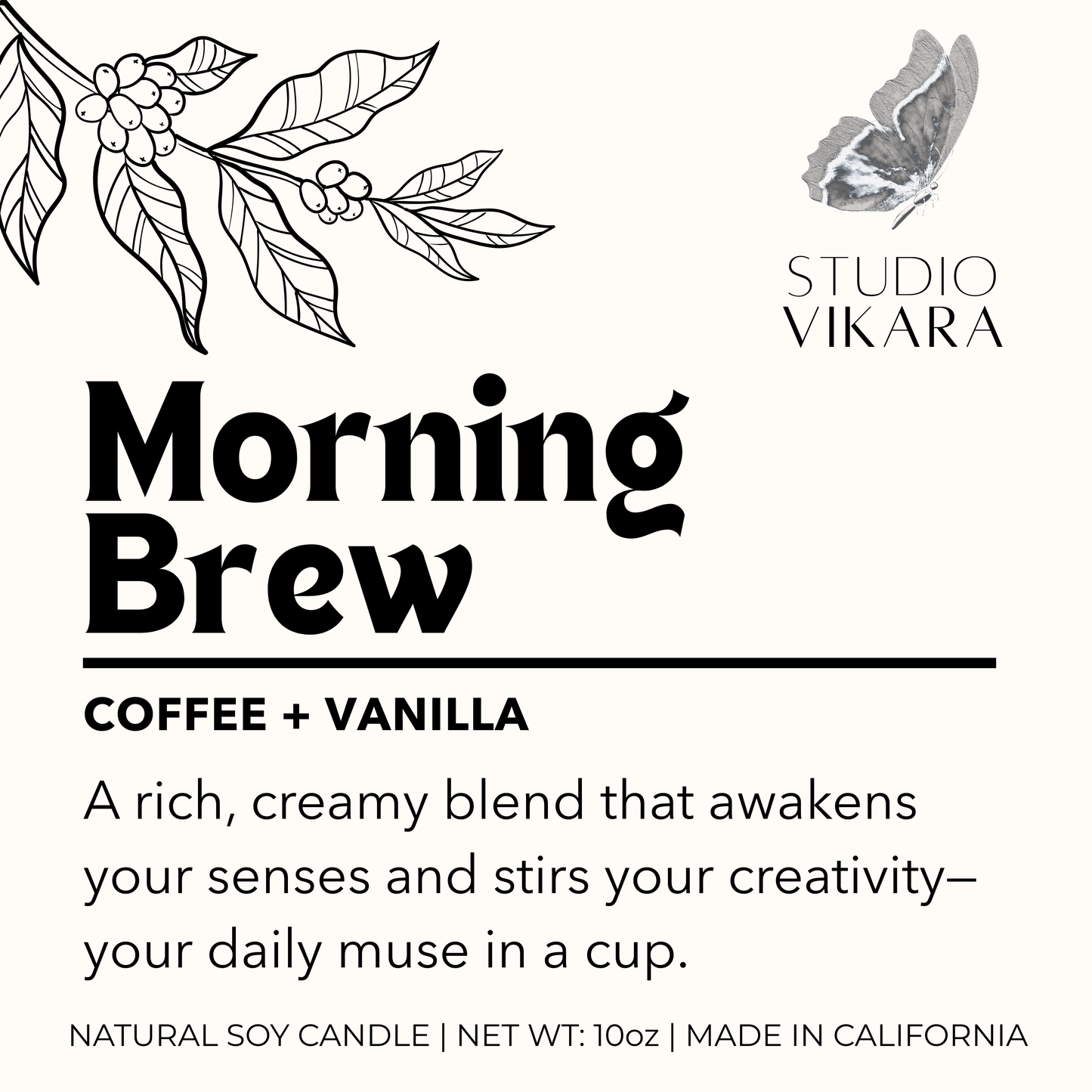 Label for 'Morning Brew' coffee and vanilla candle by Studio Vikara with coffee beans and leaves illustration.