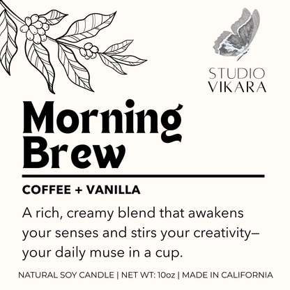 Label for 'Morning Brew' coffee and vanilla candle by Studio Vikara with coffee beans and leaves illustration.