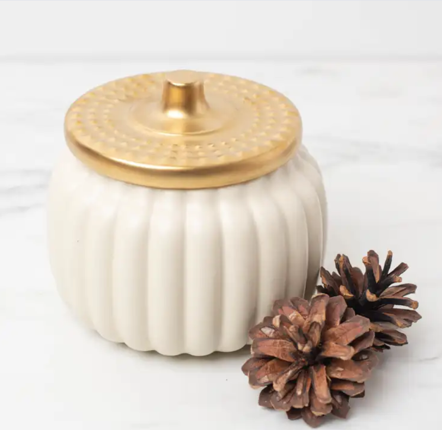 Beautiful harvest Ivory ceramic pumpkin jar with golden lid