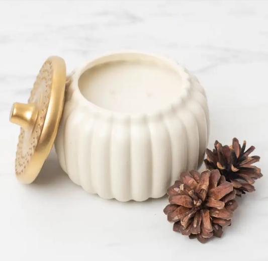Beautiful cewramic pumpkin jar in Ivory color with golden lid 