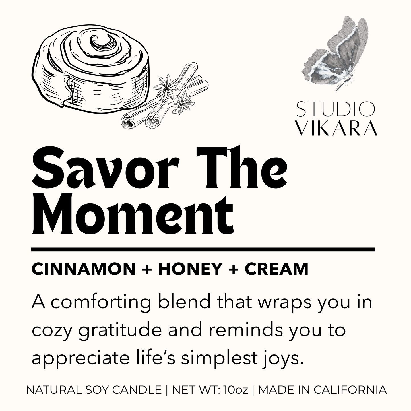 Candle packaging with cinnamon roll illustration and 'Studio Vikara' branding.