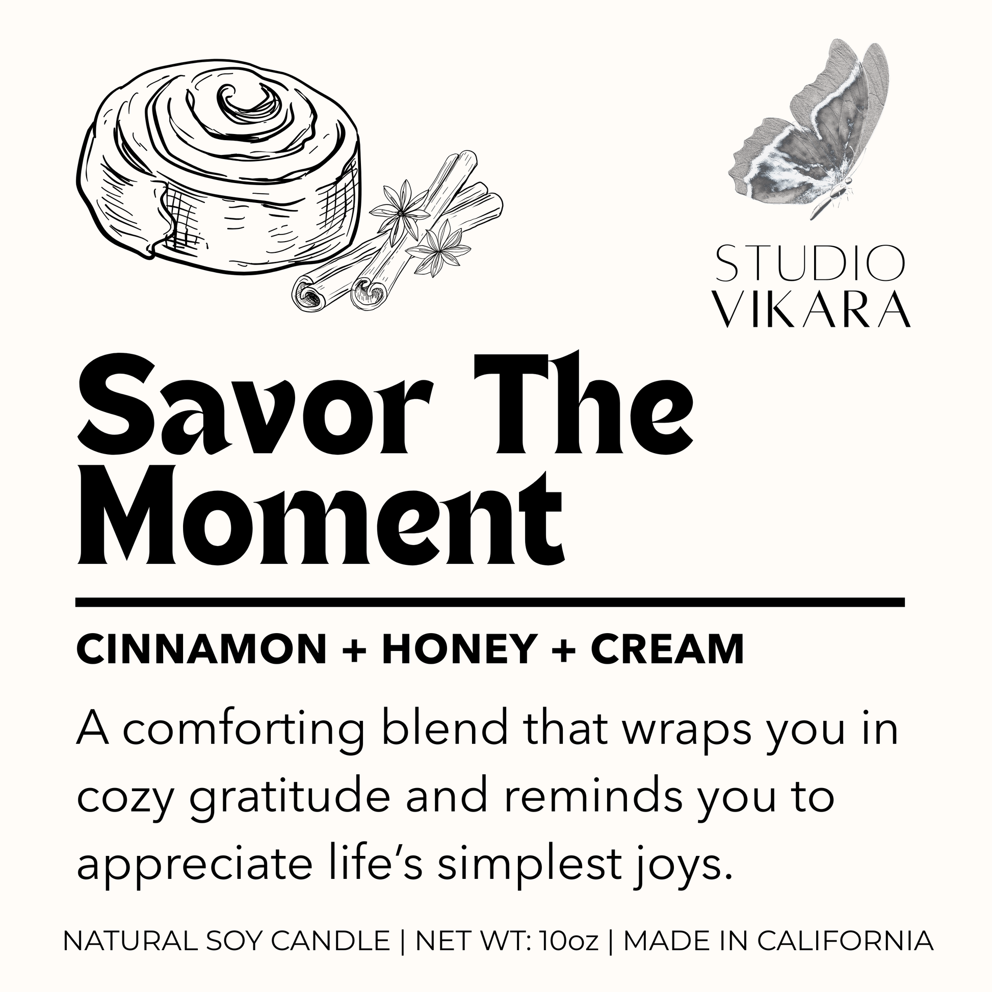 Candle packaging with cinnamon roll illustration and 'Studio Vikara' branding.