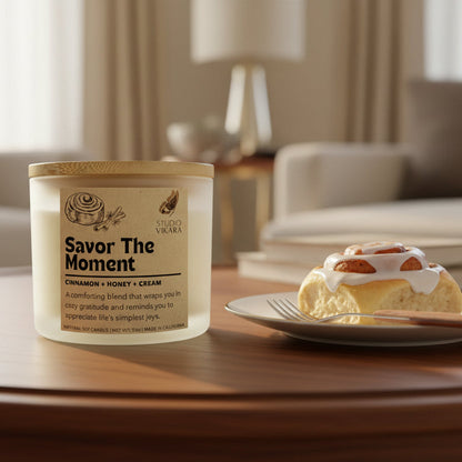 Savor the moment Candle with a label on a white background