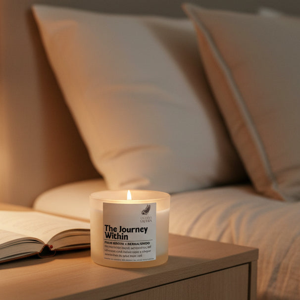 Candle with 'The Journey Within' label on a beige background