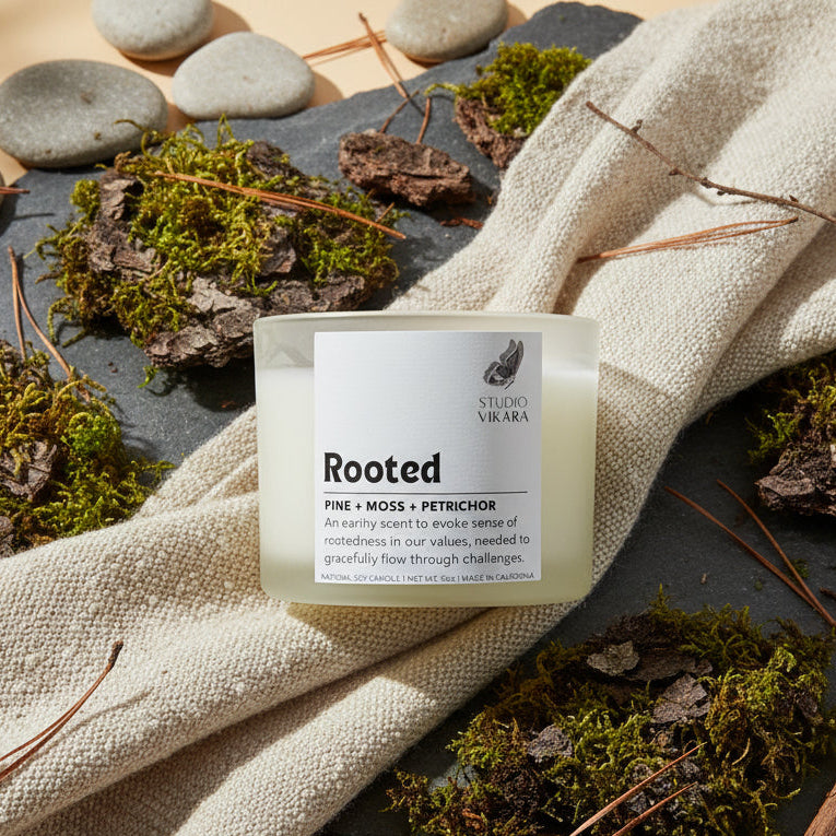 Candle labeled 'Rooted' with Studio Vikara branding on a beige background
